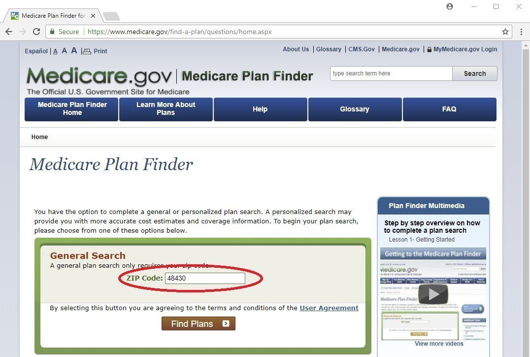 Medicare Plan Finder - zip code